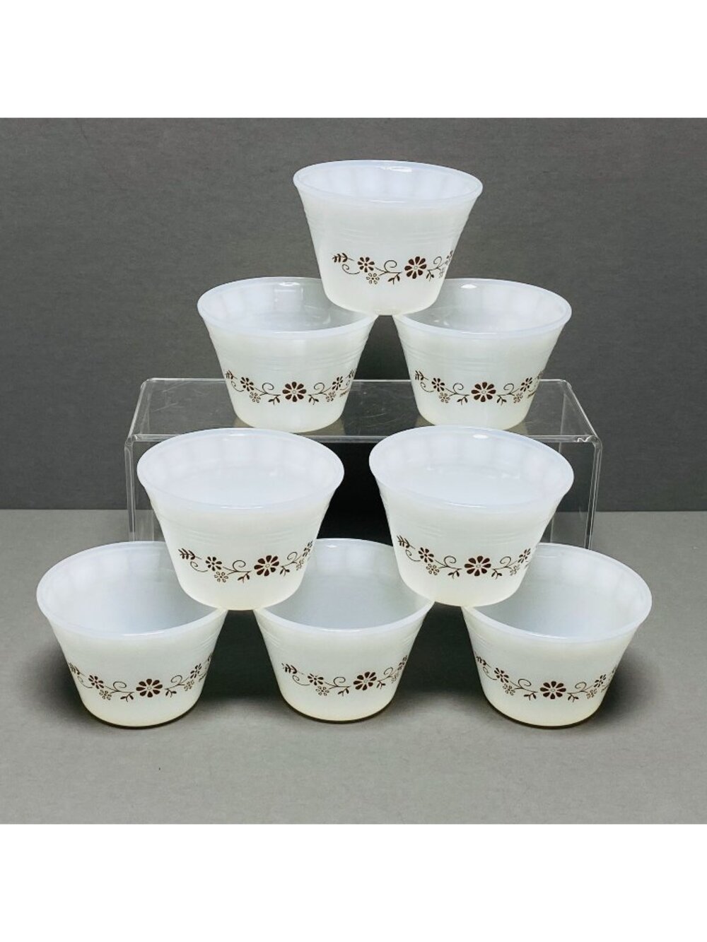 8 Termocrisa Dynaware Milk Glass Custard Ramekin Cups Brown Floral  Mexico